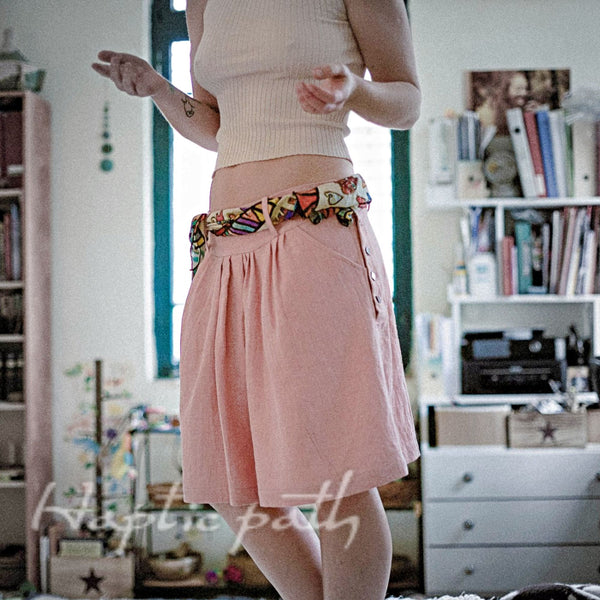 Peachy colour knee-length hemp casual skirt with deep pockets